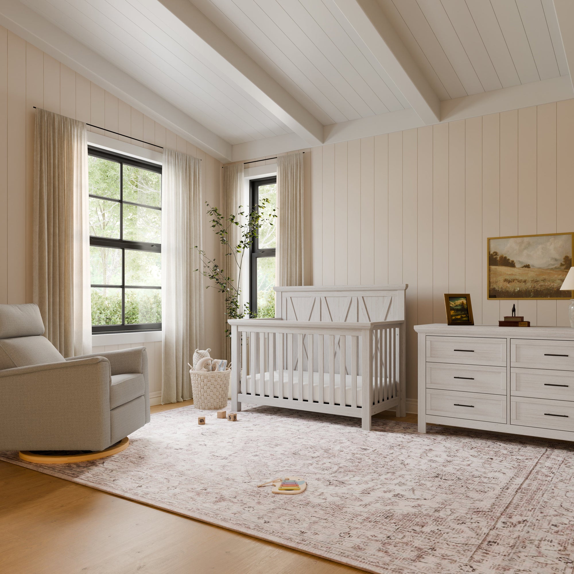 B14501WDF,Monogram by Namesake,Emory Farmhouse 4-in-1 Convertible Crib in White Driftwood