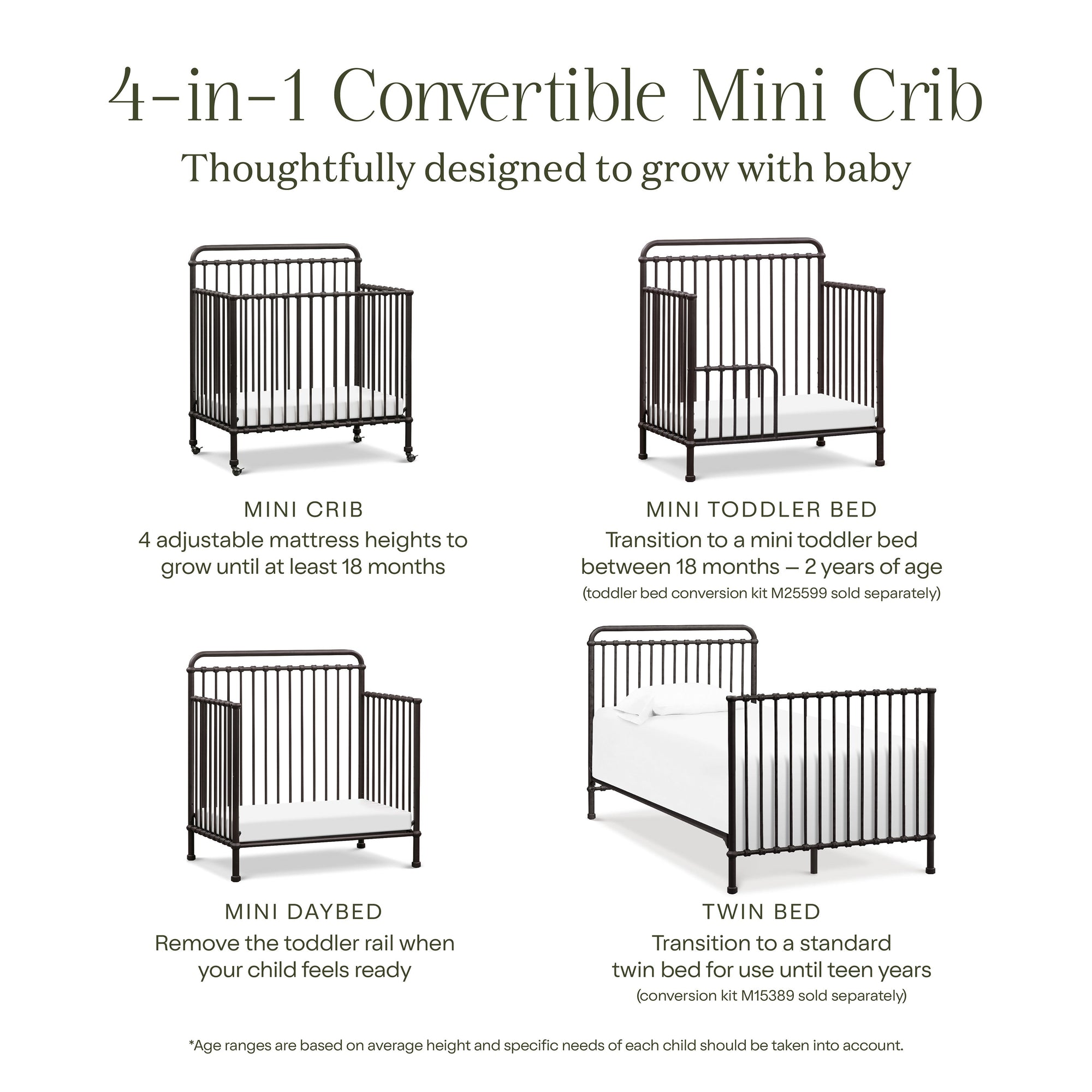 M15398UR,Namesake,Winston 4-in-1 Convertible Mini Crib in Vintage Iron