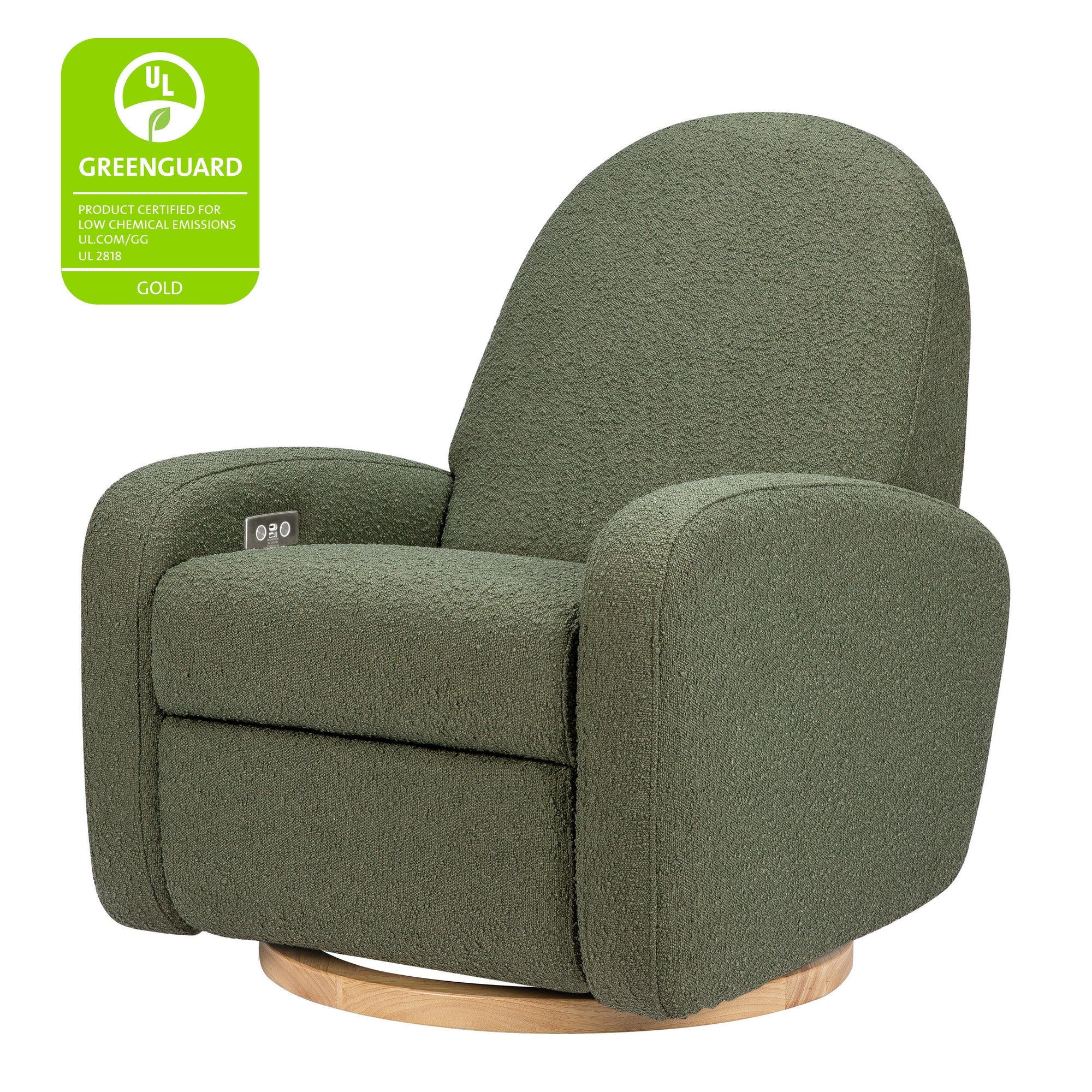 M23188OBLB,Babyletto,Nami Glider Recliner w/ Electronic Control and USB in Olive Boucle w/Light Wood Base
