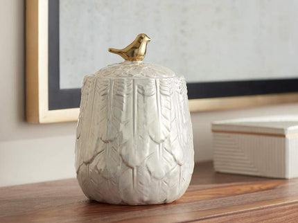 Kensington Hill Spar 7 1/2" Pearl White Decorative Jar with Gold Bird