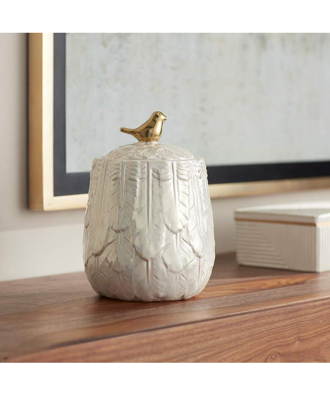 Kensington Hill Spar 7 1/2" Pearl White Decorative Jar with Gold Bird