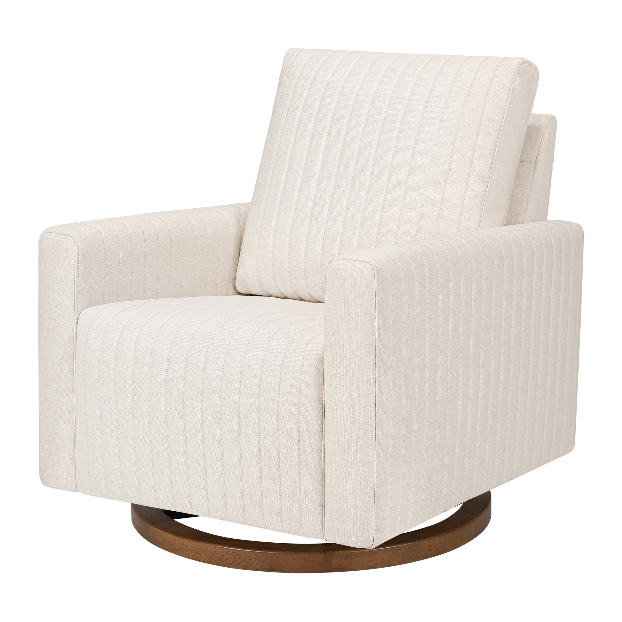 M26687PCMEWDB,Babyletto,Poe Channeled Swivel Glider in Performance Cream Eco-Weave w/ Dark Wood Base