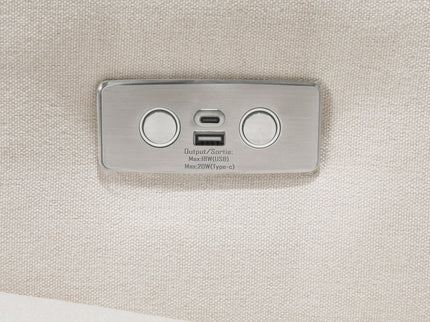 M23085PCMEWLB,Babyletto,Sigi Glider Recliner w/ Electronic Control and USB in Performance Cream Eco-Weave w/Light wood base