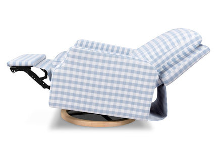M22286BGHLB,Namesake,Crewe Electronic Swivel Glider Recliner in Blue Gingham with Light Wood Base