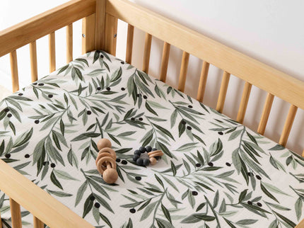 T28233,Babyletto,Olive Branches Muslin All-Stages Midi Crib Sheet in GOTS Certified Organic Cotton