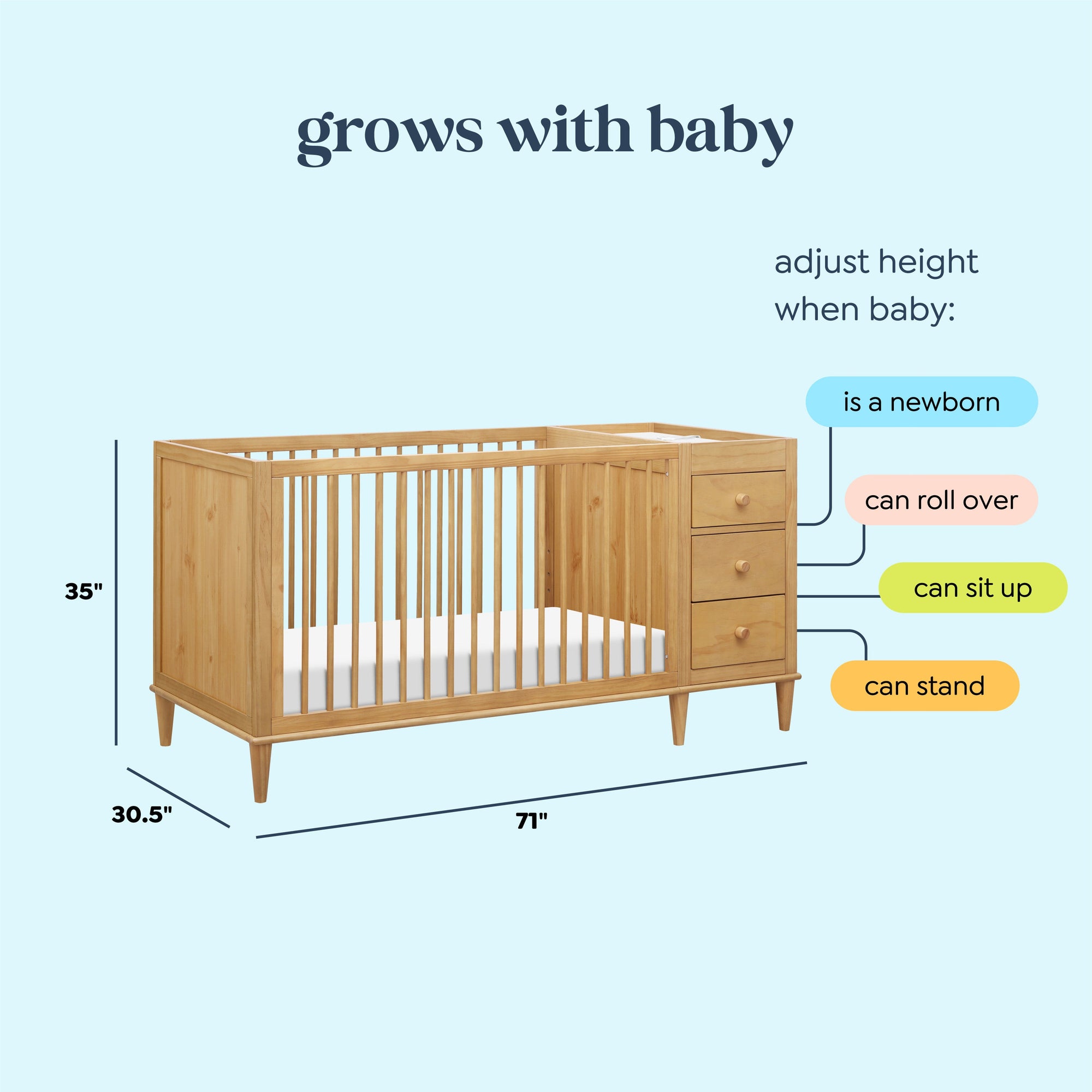 W4991HY,DaVinci,Marley Convertible 3-in-1 Crib and Changer Combo in Honey