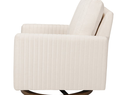 M26687PCMEWDB,Babyletto,Poe Channeled Swivel Glider in Performance Cream Eco-Weave w/ Dark Wood Base
