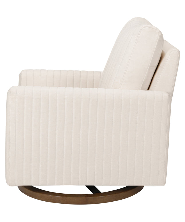 M26687PCMEWDB,Babyletto,Poe Channeled Swivel Glider in Performance Cream Eco-Weave w/ Dark Wood Base