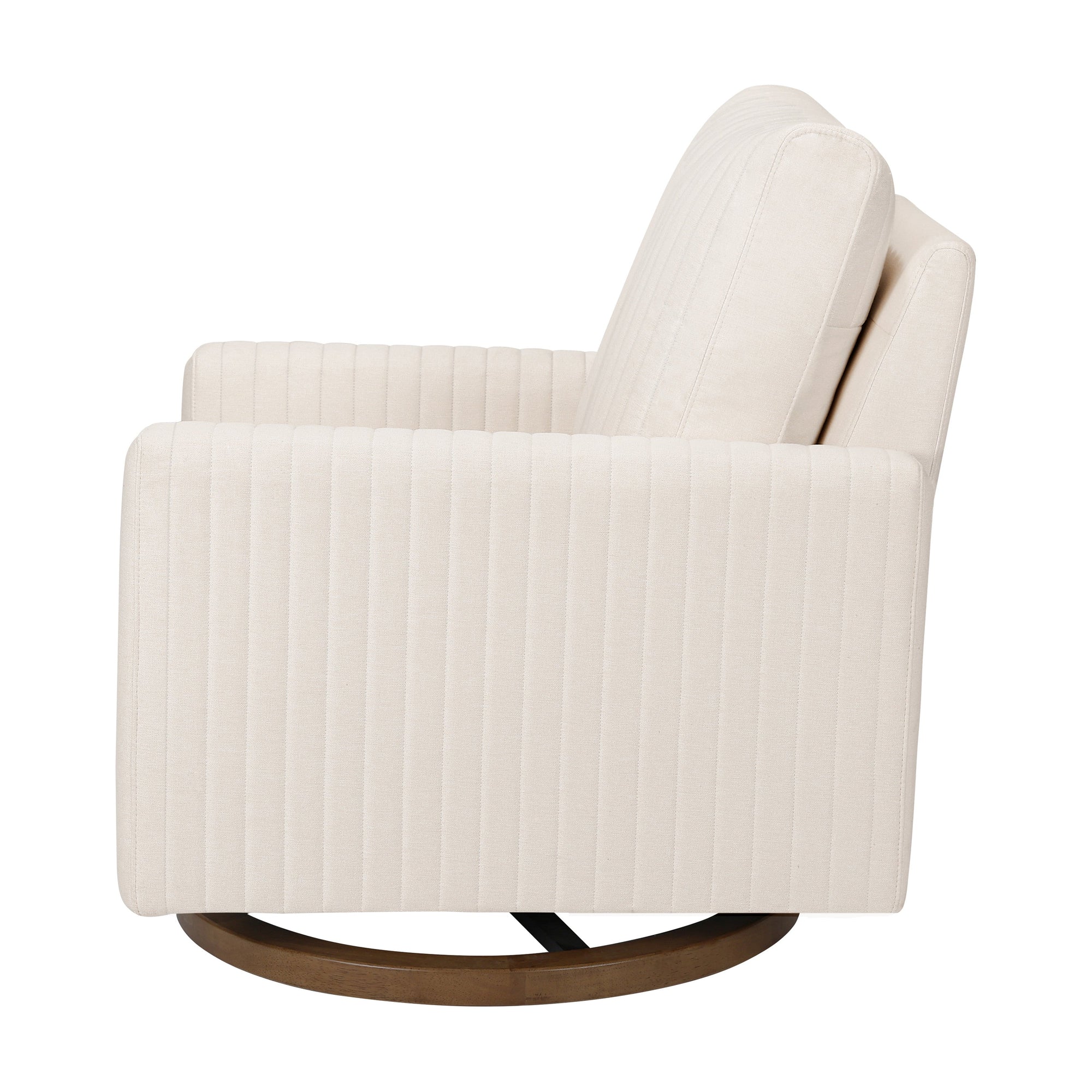 M26687PCMEWDB,Babyletto,Poe Channeled Swivel Glider in Performance Cream Eco-Weave w/ Dark Wood Base