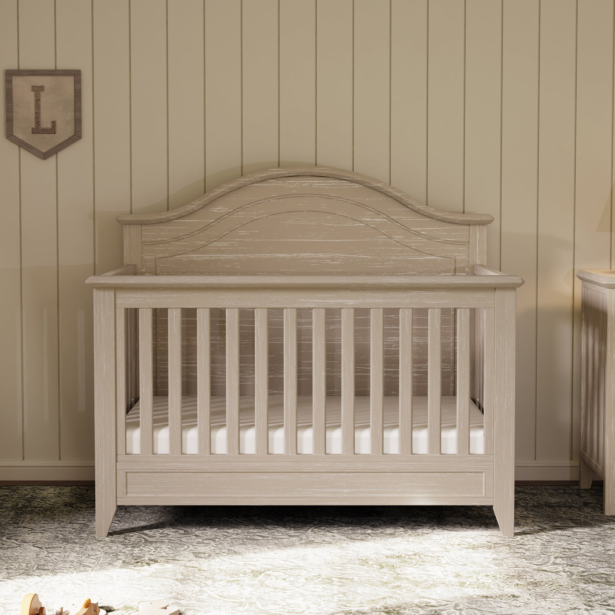 M34401SDB,Monogram by Namesake,Beckett Rustic 4-in-1 Convertible Curve Top Crib in Sandbar