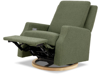 M22286OBLB,Namesake,Crewe Electronic Swivel Glider Recliner in Olive Boucle w/Light Wood Base