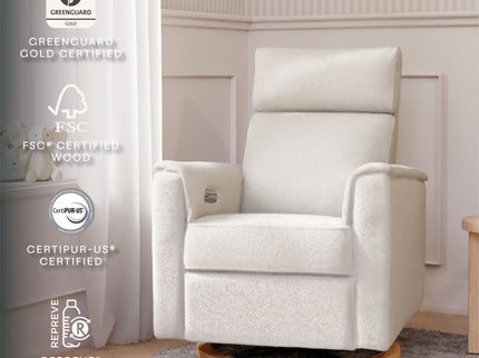 B17186WBLB,Monogram by Namesake,Willa Plus Power Glider Recliner w/ Power Headrest in Ivory Boucle with Light Wood Base