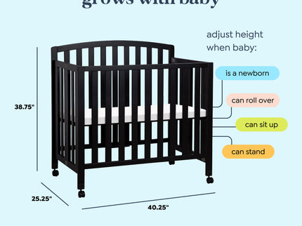 M18198E,DaVinci,Dylan Folding Portable 3-in-1 MiniCrib and TwinBed in Ebony
