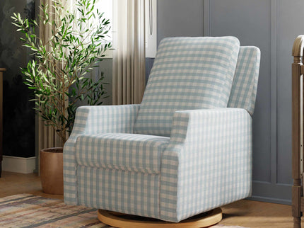 M22287BGHLB,Namesake,Crewe Recliner and Swivel Glider in Blue Gingham with Light Wood Base