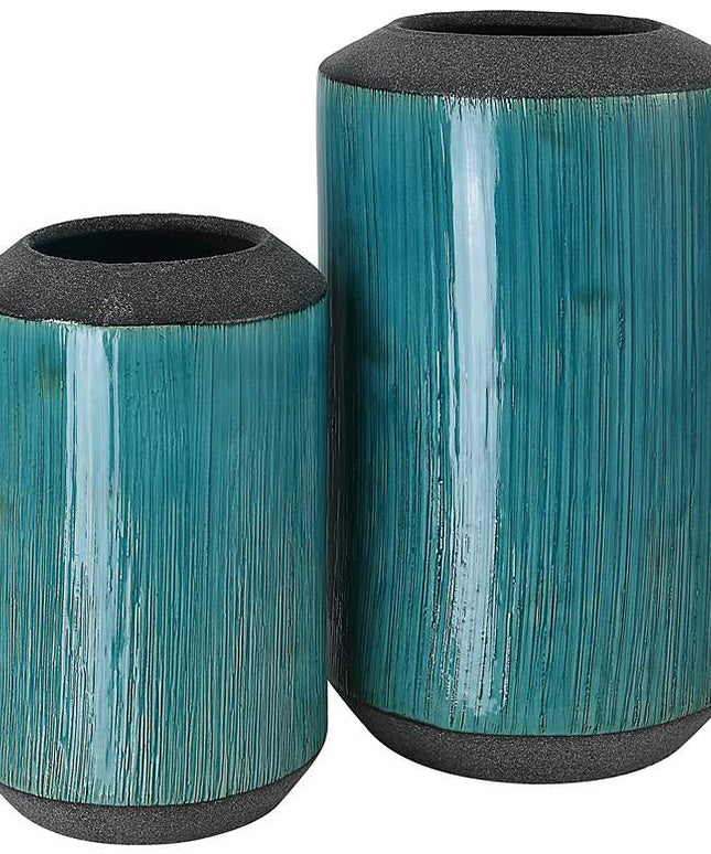 Maui 11" High Aqua Blue Glaze and Bronze Vases Set of 2