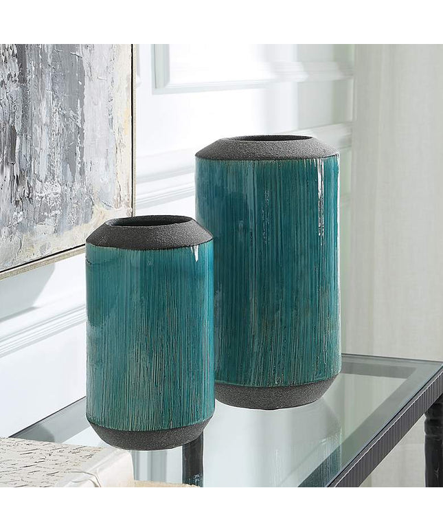 Maui 11" High Aqua Blue Glaze and Bronze Vases Set of 2