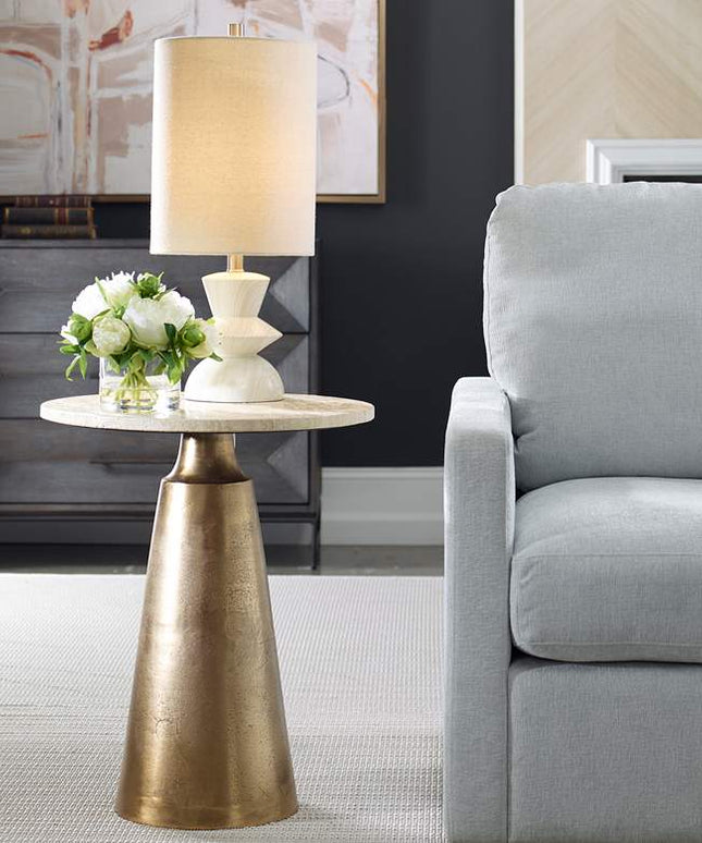 Midsummer 20" Wide Travertine and Antique Brass Accent Table