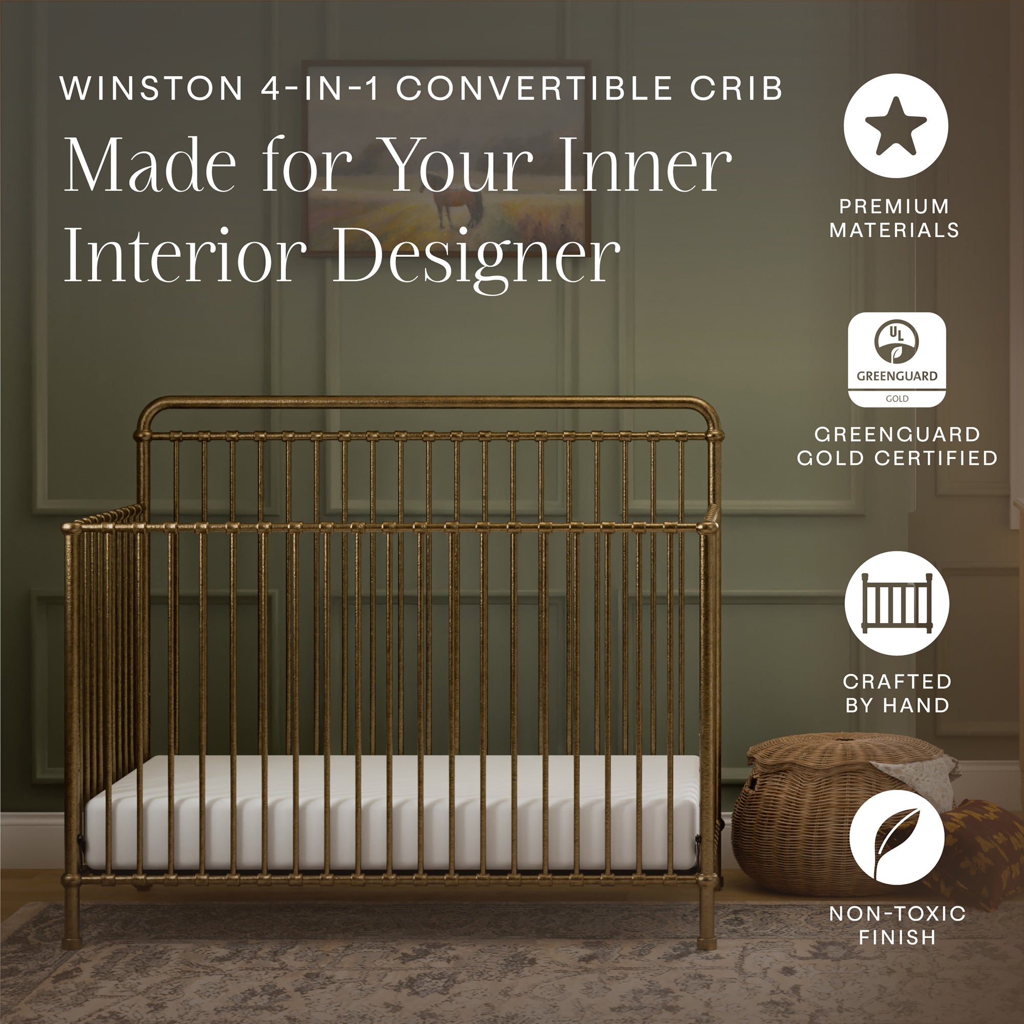 M15301VG,Namesake,Winston 4-in-1 Convertible Crib in Vintage Gold
