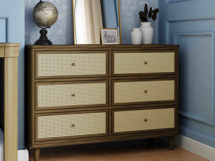 M23716NLBC,Namesake,Marin with Cane 6 Drawer Assembled Dresser in Natural Walnut and Blonde Cane