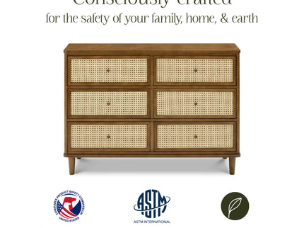 M23716NLBC,Namesake,Marin with Cane 6 Drawer Assembled Dresser in Natural Walnut and Blonde Cane