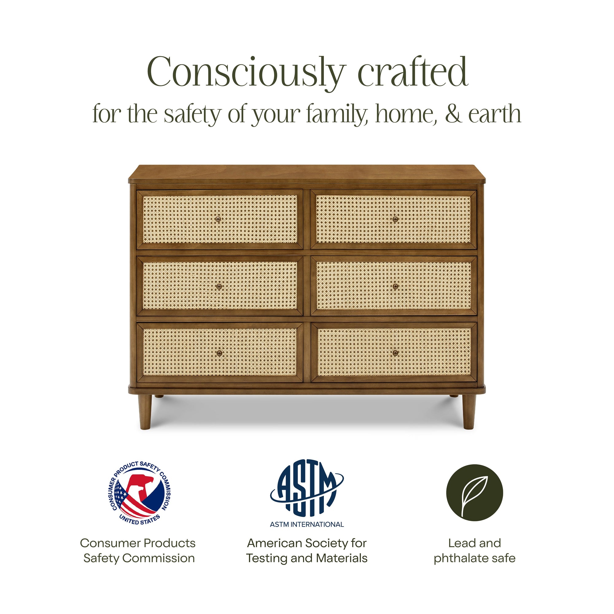 M23716NLBC,Namesake,Marin with Cane 6 Drawer Assembled Dresser in Natural Walnut and Blonde Cane