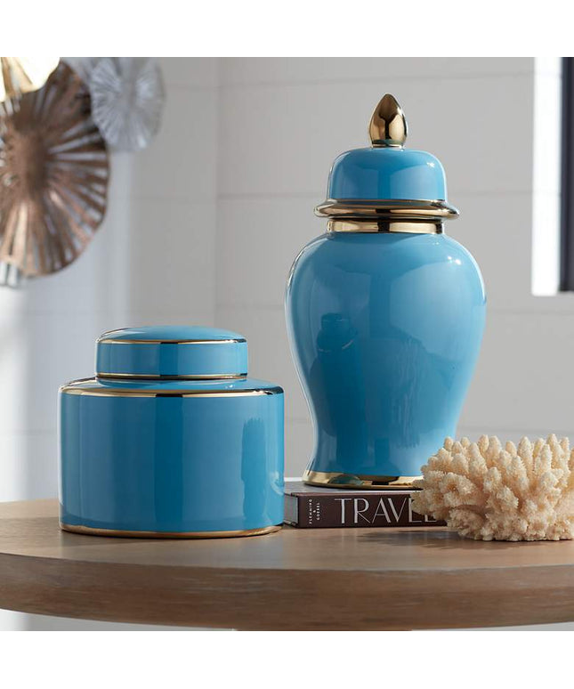 Nirvana Turquoise and Gold 2-Piece Porcelain Jar Set with Lids