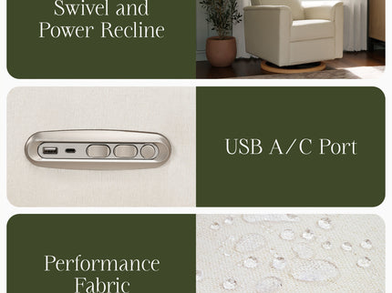 B17186PCMEWLB,Monogram by Namesake,Willa Plus Power Glider Recliner w/ Power Headrest in Performance Cream Eco-Weave w/Light Wood base