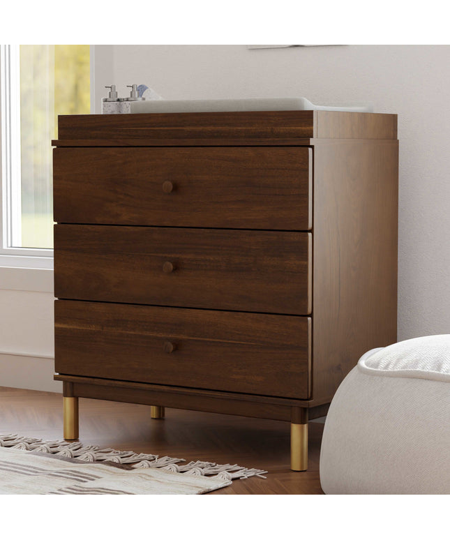 M12923NLGLD,Babyletto,Gelato 3-Drawer Changer Dresser  Gold Feet w/Removable Changing Tray in Natural Walnut