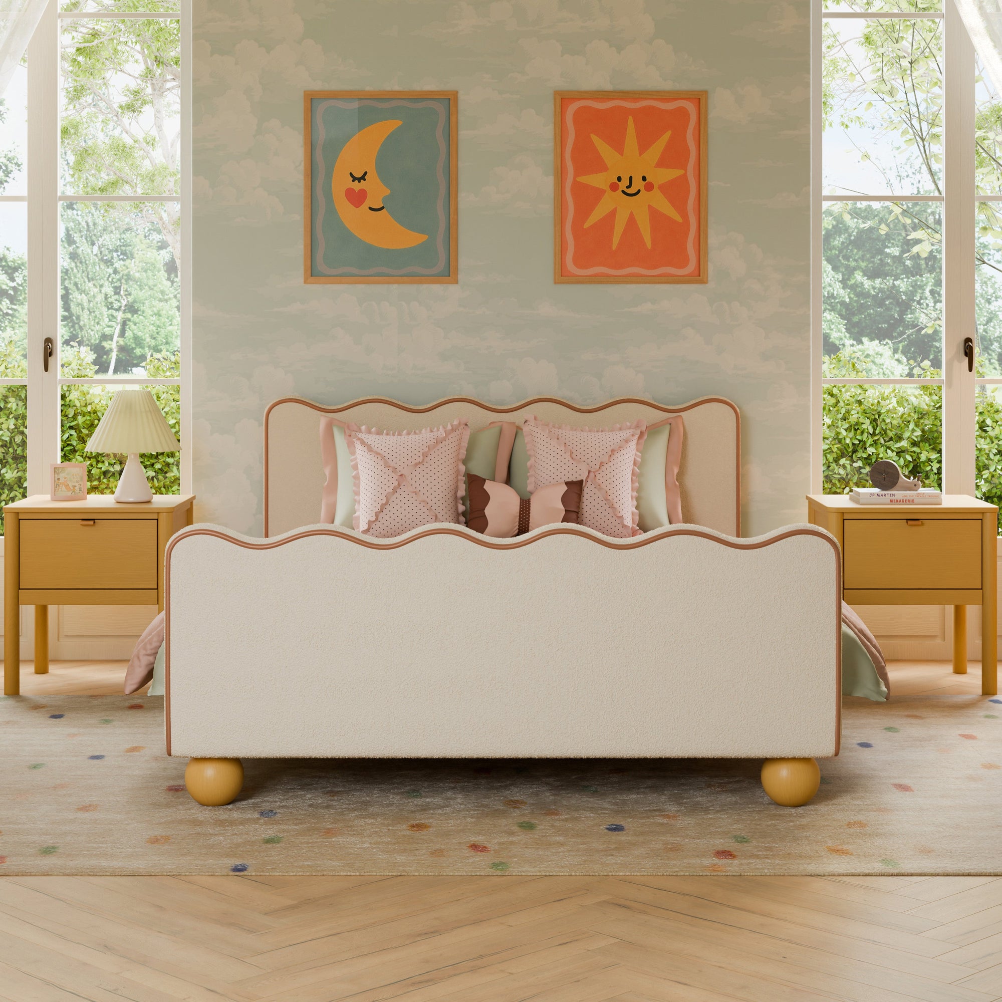 M31396PWBTAN,Babyletto Kids,Rizo Full Bed in Performance Ivory Boucle w/ VTan Leather Piping