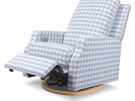 M22286BGHLB,Namesake,Crewe Electronic Swivel Glider Recliner in Blue Gingham with Light Wood Base