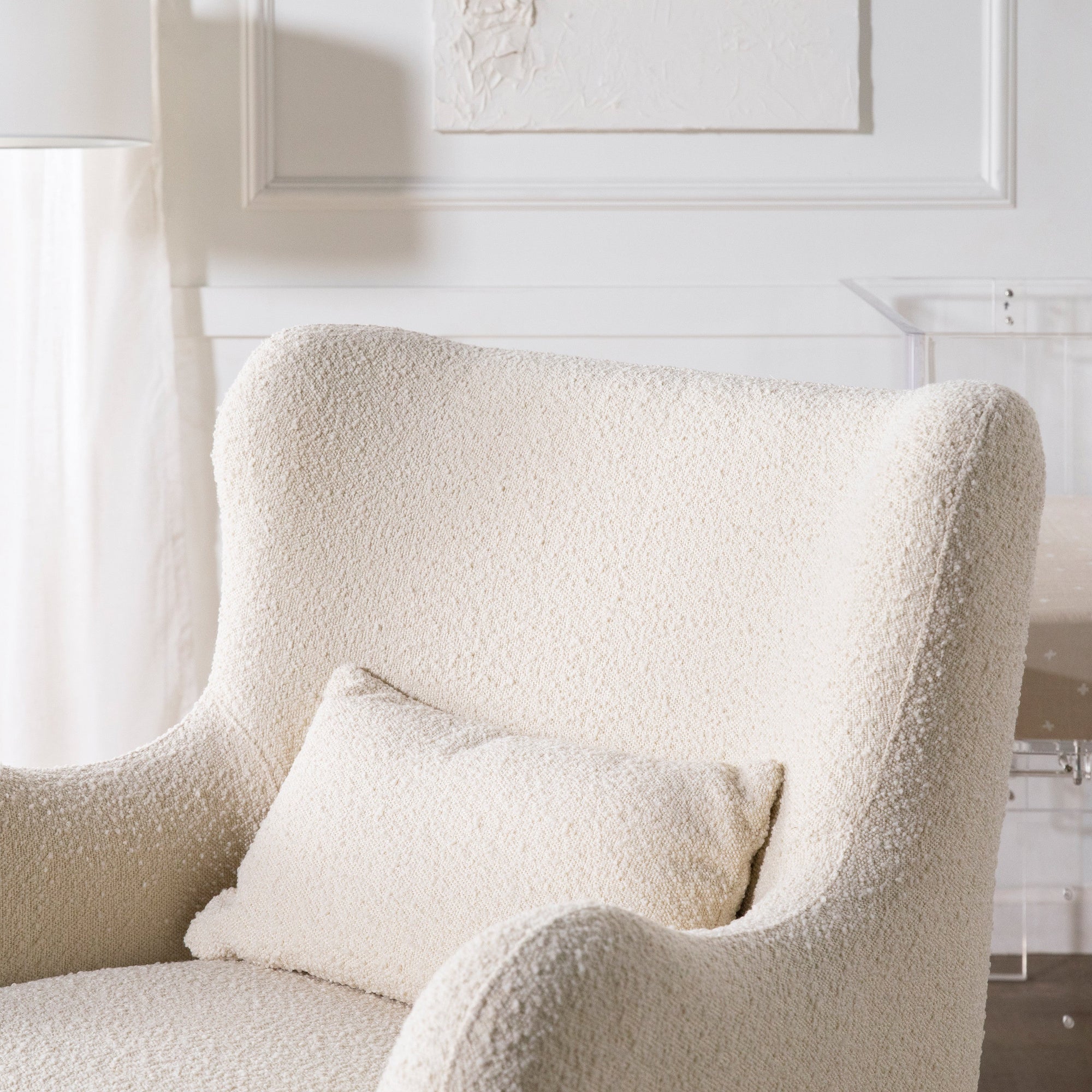 M24187WBIB,Nursery Works,Solstice Swivel Glider in Ivory Boucle w/Ivory Wood Base