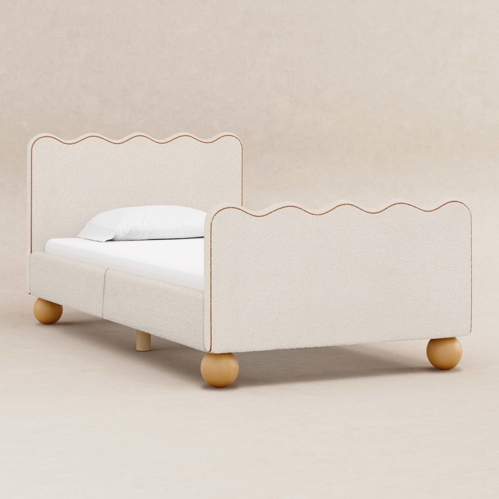 M31369PWBTAN,Babyletto Kids,Rizo Twin Bed in Performance Ivory Boucle w/ VTan Leather Piping