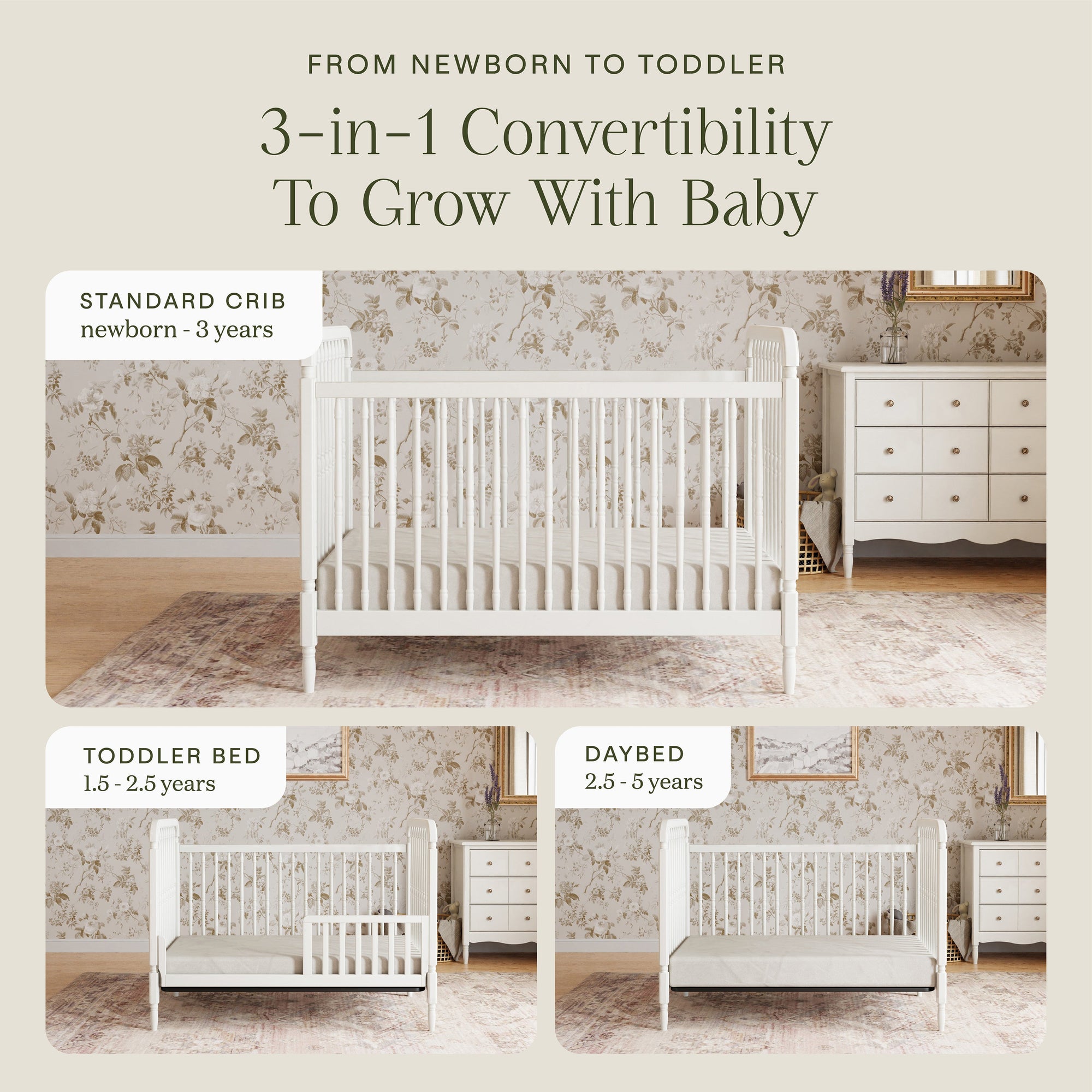 M7101RW,Namesake,Liberty 3-in-1 Convertible Spindle Crib w/Toddler Bed Conversion Kit in Warm White