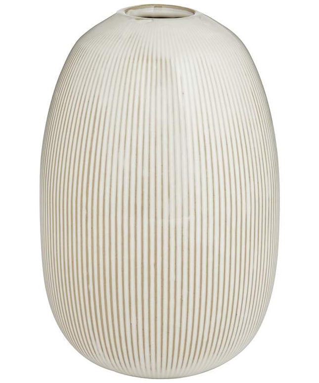Pilar 8 3/4" High Shiny Beige Ridged Ceramic Vase