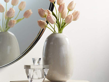 Pilar 8 3/4" High Shiny Beige Ridged Ceramic Vase