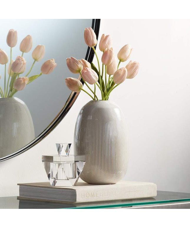 Pilar 8 3/4" High Shiny Beige Ridged Ceramic Vase