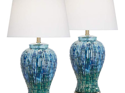 Possini Euro 27" Blue-Green Teal Temple Jar Ceramic Lamps Set of 2