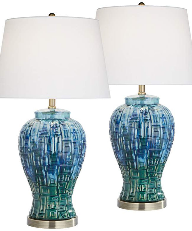 Possini Euro 27" Blue-Green Teal Temple Jar Ceramic Lamps Set of 2