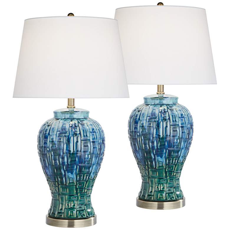 Possini Euro 27" Blue-Green Teal Temple Jar Ceramic Lamps Set of 2