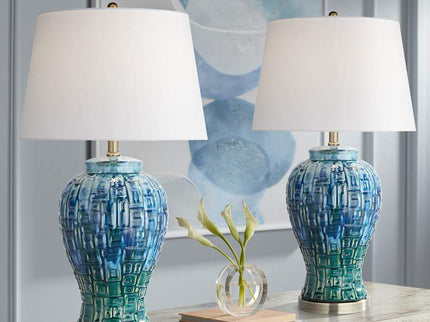 Possini Euro 27" Blue-Green Teal Temple Jar Ceramic Lamps Set of 2