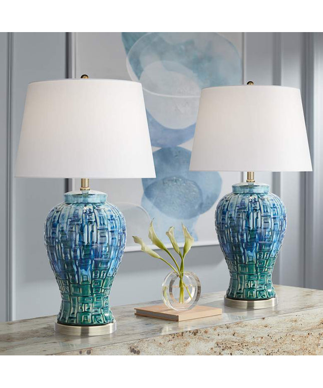 Possini Euro 27" Blue-Green Teal Temple Jar Ceramic Lamps Set of 2