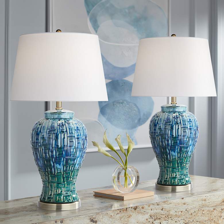 Possini Euro 27" Blue-Green Teal Temple Jar Ceramic Lamps Set of 2