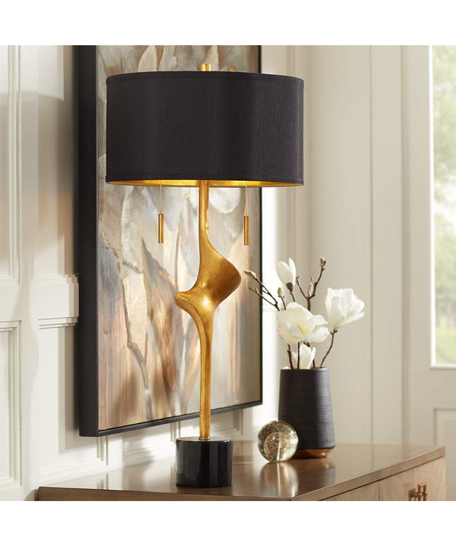 Possini Euro Athena 35 1/2" Black Shade Gold Leaf Modern Table Lamp