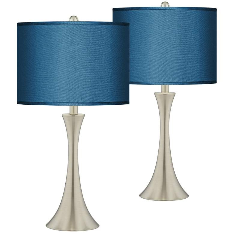 Possini Euro Blue Faux Silk Brushed Nickel Touch Table Lamps Set of 2
