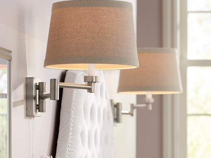 Possini Euro Brushed Nickel Linen Drum Shade Swing Arm Wall Lamp Set of 2