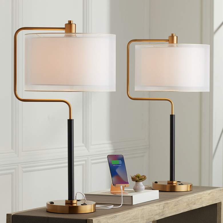 Possini Euro Carlyle USB Port and Outlet Modern Desk Lamps Set of 2