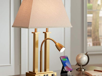 Possini Euro Deacon 26" Brass Gooseneck USB Port and Outlet Desk Lamp