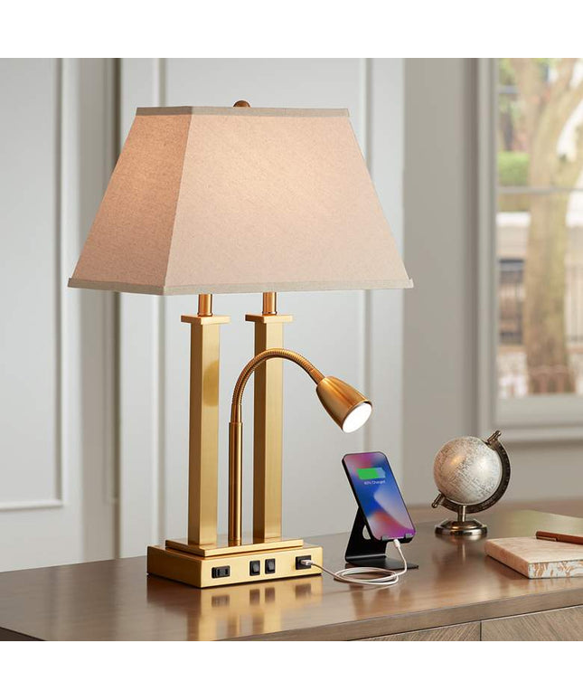 Possini Euro Deacon 26" Brass Gooseneck USB Port and Outlet Desk Lamp
