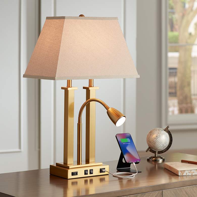Possini Euro Deacon 26" Brass Gooseneck USB Port and Outlet Desk Lamp