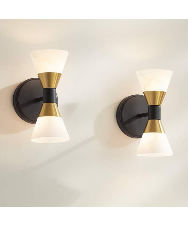 Possini Euro Domino 9 1/2"H Black Brass 2-Light Wall Sconce Set of 2